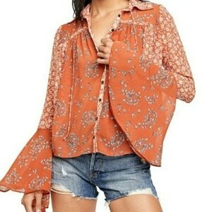 Free People Serena Rust Combo Floral Print Button Up Sheer Blouse Size S Boho